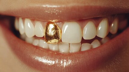 Poster - A smile revealing a gold tooth among natural teeth, showcasing unique dental aesthetics and choices