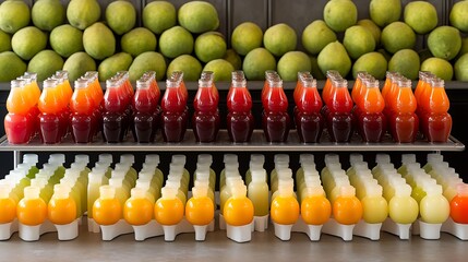 Modern juice bar setup with colorful juice bottles, vibrant urban cafe background, industrial chic design