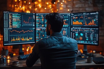 Poster - Person working on three monitors with complex data charts in background.