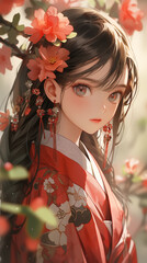 Canvas Print - Hand drawn cartoon illustration of a girl in Chinese costume among flowers
