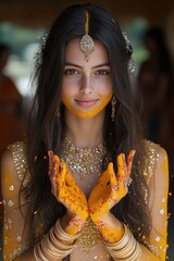 Beautiful indian bride smiling during traditional wedding ceremony