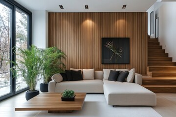 Poster - Modern living room with wooden wall featuring large l-shaped sofa