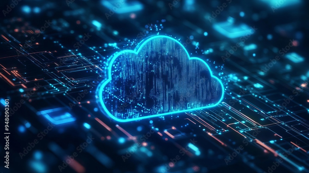 A futuristic glowing cloud symbol on a digital circuit background, representing cloud computing and data storage technology.