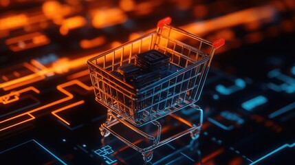 Poster - Close-up of an online shopping cart icon on a website, filled with tech gadgets, ready for checkout