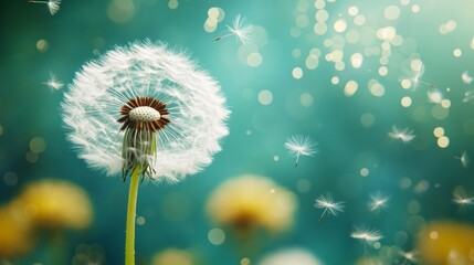 Aufkleber - A dandelion is blowing in the wind, with its seeds scattered in the air