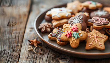 Poster - Plate with tasty Christmas cookies on wooden table