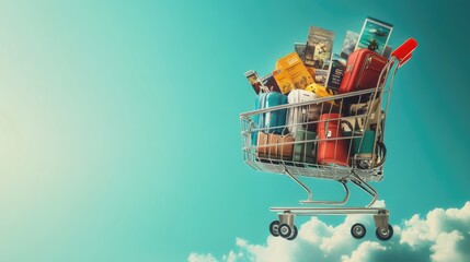 Poster - Digital shopping cart filled with travel essentials, luggage, and flight tickets, adventure and vacation concept