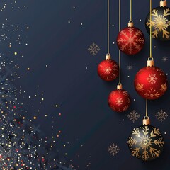 Wall Mural - Beautiful Christmas greeting background with Christmas gold and red balls with snowflakes on a blue background. Square poster, greeting card, Xmas Greeting card