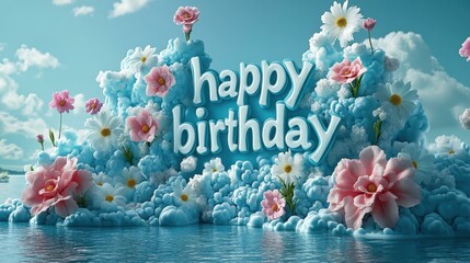 Wall Mural - Whimsical Floral Birthday Celebration Wishes in Vibrant Clouds and Water