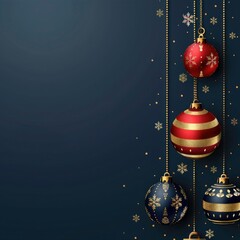 Wall Mural - Beautiful Christmas greeting background with Christmas gold and red balls with snowflakes on a blue background. Square poster, greeting card, Xmas Greeting card