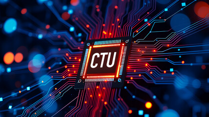 A glowing central processor unit (CPU) surrounded by a web of interconnected data lines