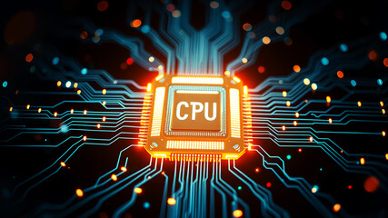 A glowing central processor unit (CPU) surrounded by a web of interconnected data lines