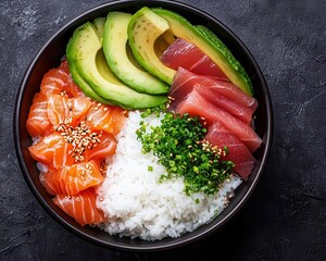 Fresh poke bowl featuring vibrant salmon, tuna, avocado, rice, and green onions elegantly arranged in a black bowl on a dark textured background.