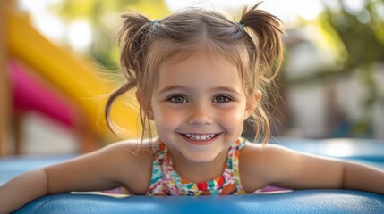 Poster - A young girl with pigtails is smiling and looking at the camera