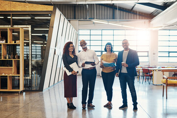 Poster - Portrait, team and creative business people in office with paperwork, tablet or laugh. Smile, group diversity or employees with mentor for internship, cooperation or inclusion with writers at startup