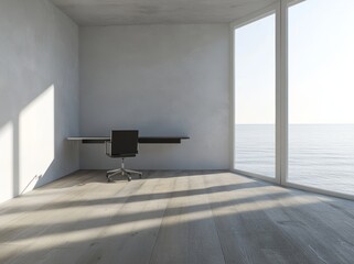 Canvas Print - A black and white working room with sea view. Design wall with hidden warm light. Lots of large windows with a beautiful sea view.