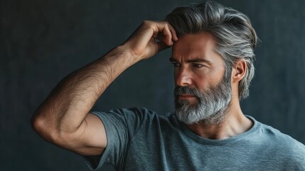 Contemplative middle-aged Caucasian man with gray hair and beard, wearing a gray t-shirt, deep in thought against a dark background.