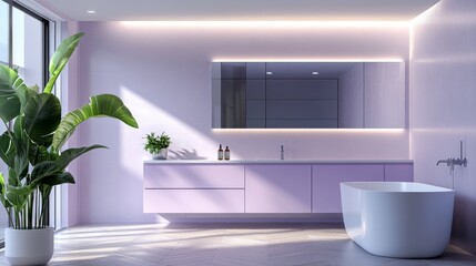 Wall Mural - An elegant bathroom in purple tones with herringbone parquet flooring, a freestanding tub, double sinks with towels and bottles, a mirror, a potted plant, and a minimalist interior design.