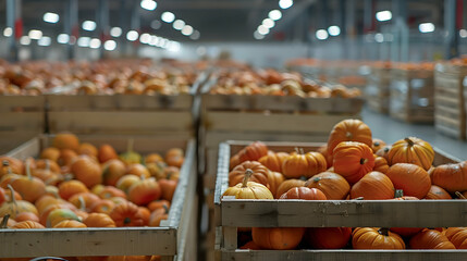 Wall Mural - Pumpkin vegetables harvested in wooden boxes in a warehouse. Natural organic fruit abundance. Healthy and natural food storing and shipping concept.