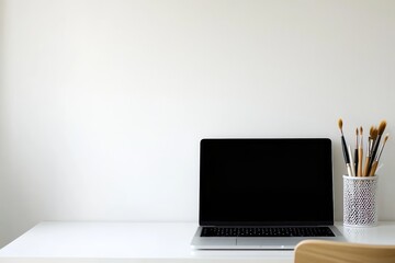 Poster - Blank screen laptop computer. Workspace at home office desk table. Modern minimal Scandinavian interior design. Blog, magazine, web, social media template with placeholders.