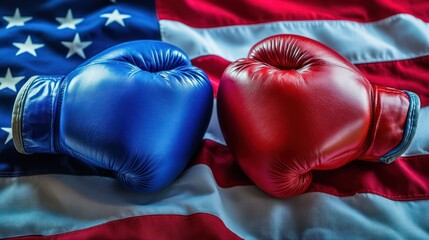 Blue and red boxing gloves resting on an American flag, symbolizing competition and patriotism.