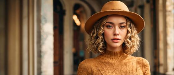 Portrait of a European-type girl in a hat and a knitted sweater