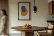 © Maxim Borbut - Minimalist home decor with two mock up poster frames, round table, chair, pedant lamp, decoration, and woman in jeans in a domestic dining room. High resolution template.