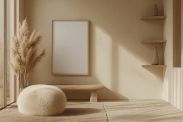 An empty poster stands at the front of a bright meeting room