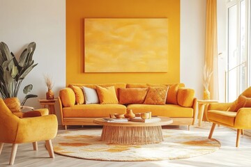 Wall Mural - A minimalist millenium crib, with a high ceiling and walls painted in khaki and yellow.