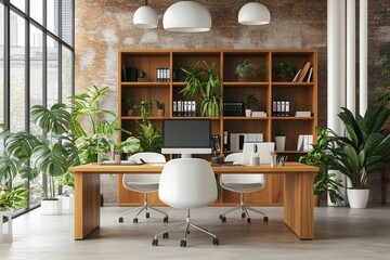 Empty interior office with light, wood furnishings and workspace for business or creativity. Modern and minimalist design decoration for a corporate or creative room.