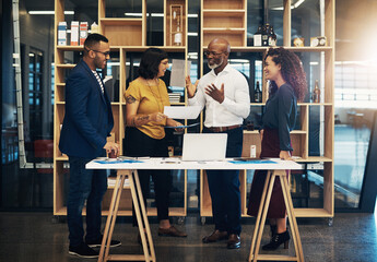 Poster - Business people, laptop and discussion in office for planning, idea or app design with collaboration. Group of creative employees, computer and project meeting, teamwork or brainstorming for startup