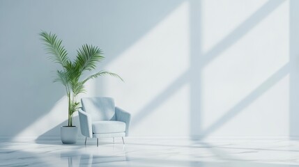 Poster - An armchair rests on an empty white wall in a modern minimalist interior.