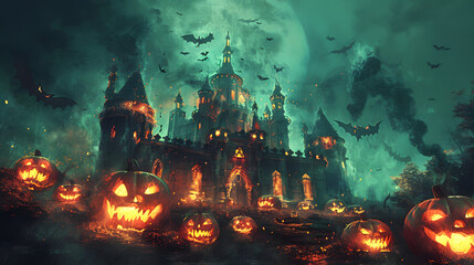 Haunted house, pumpkin patch at night by full moon light