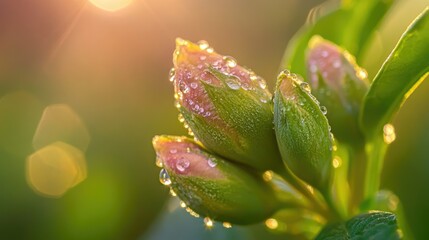 Close-up of water drops on a flower bud, with morning sunlight illuminating the scene