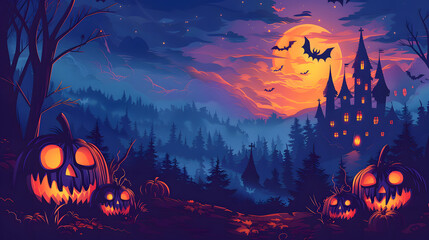 Wall Mural - Haunted house, pumpkin patch at night by full moon light