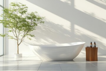 Wall Mural - Interior design of a modern minimalist bathroom with a white bathtub and green plants