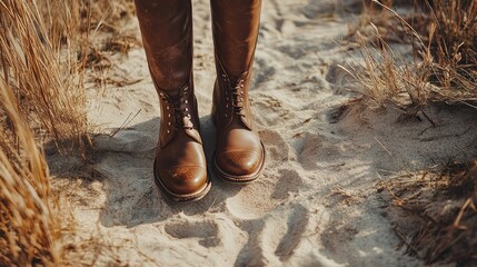 Close-up of brown leather boots standing on sand with dry grass, capturing a sense of adventure and outdoor exploration