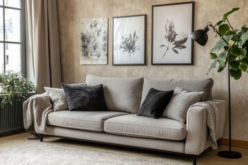 An interior with a stylish light and gray sofa that is comfortable and stylish