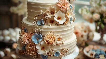 A three tier wedding cake with blue and white flowers on it