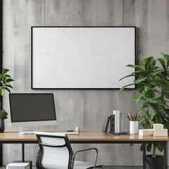 Wall Mural - monitor picture desktop mockup workplace furniture lamp 3d up creativity screen laptop poster apartment desk floor room chair image loft office workspace frame interior work mock blank s