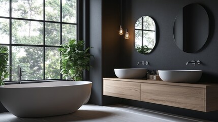 Wall Mural - Rendering of a modern bathroom interior with stone bathtub and wooden sink.