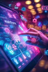 Aufkleber - person interacting with a futuristic touchscreen displaying colorful icons and data visualization at