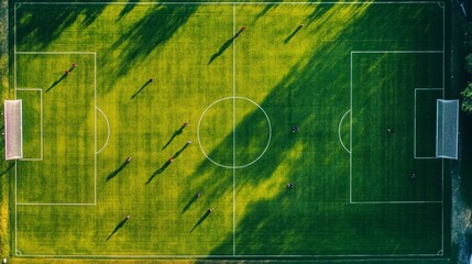 A soccer field with a group of players on it