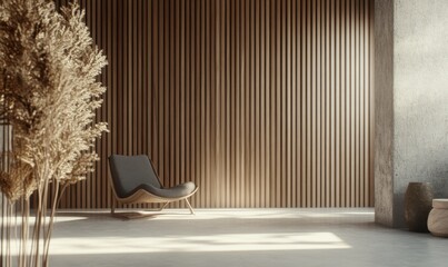 An armchair sits on an empty dark blue wall background in this stylish Modern wooden living room.