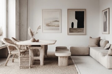 A wooden dining table and wicker chairs decorate the interior of a dining room