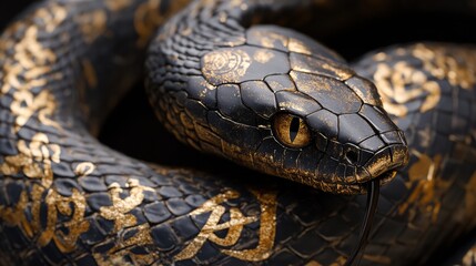 A stunning black snake elegantly reveals its golden Japanese inscriptions showcasing a captivating blend of artistry and nature in a tranquil environment