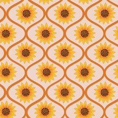 Wall Mural - Retro Yellow Sunflowers seamless pattern on  vintage ogee seamless pattern. For Fabric, wallpaper and textile