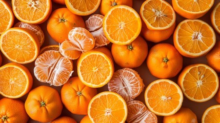 Poster - A background filled with whole tangerines and tangerine slices arranged neatly, showcasing their bright orange hues.