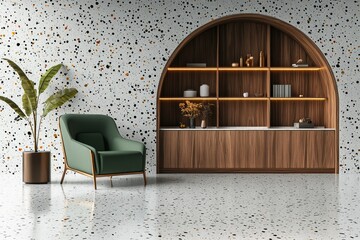 A minimalist interior design on a background with an archwall. 3D rendering of the concept