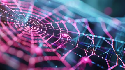 Macro shot of a colorful spider web with dew drops. The intricate details and vibrant colors create a mesmerizing and artistic effect.